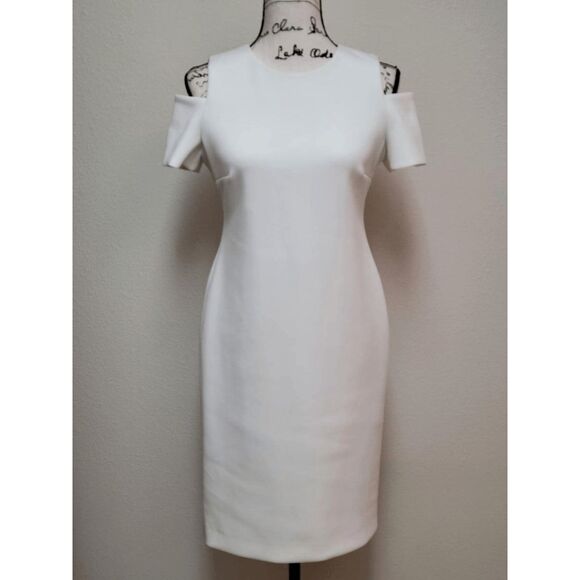 CALVIN KLEIN Women's Cold-Shoulder White Scuba Sheath Dress SIZE 6 - Picture 2 of 16